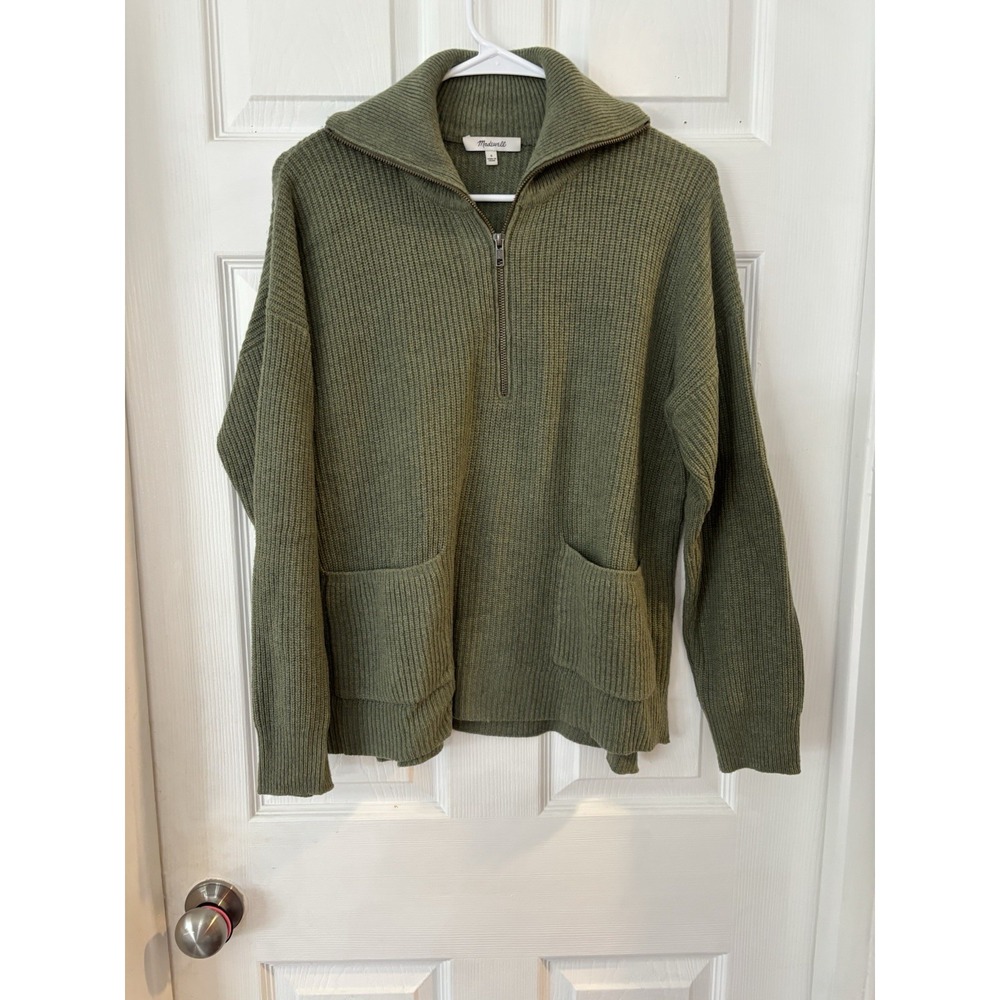 Madewell Half Zip Ribbed Sweater Olive Green Size S Knit Pullover Pocket Tuni